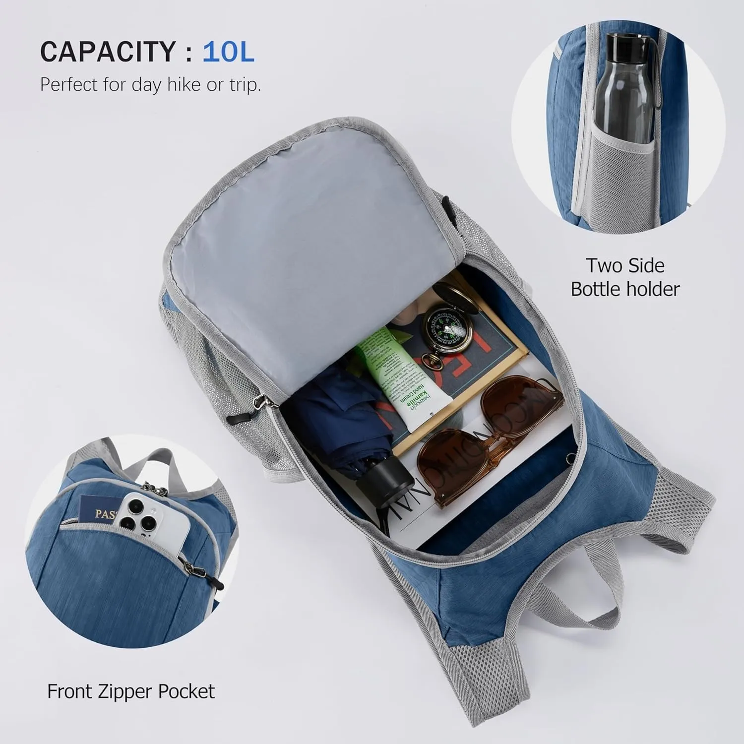 10L Small Hiking Backpack Foldable Lightweight Travel Daypack Packable Hiking Camping Gym Pack for Women Men Daily Use (Navy Blue)