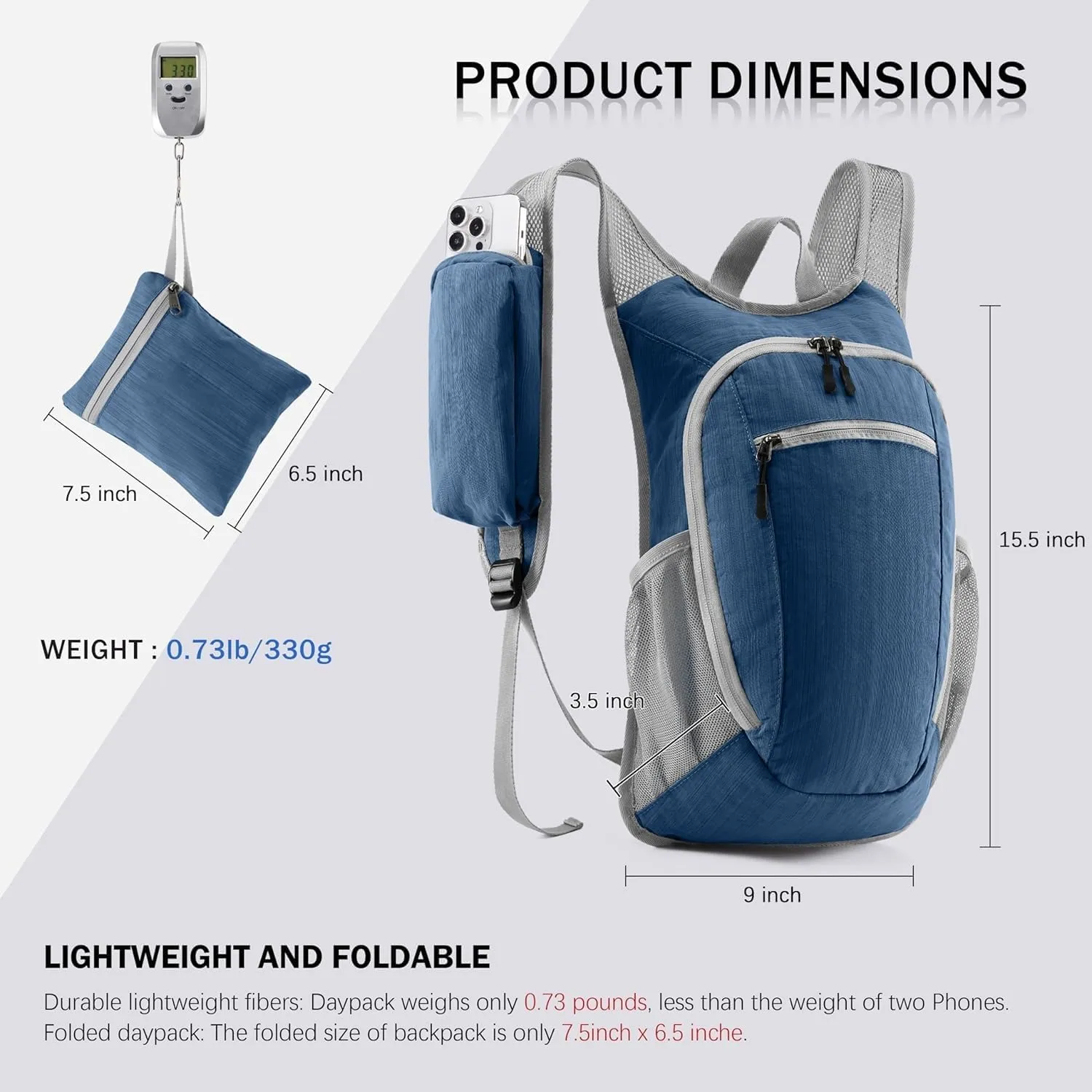 10L Small Hiking Backpack Foldable Lightweight Travel Daypack Packable Hiking Camping Gym Pack for Women Men Daily Use (Navy Blue)