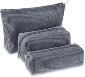 3 Pcs Makeup Bag Set for Women Corduroy Cosmetic Pouch Aesthetic Smile Travel Toiletry Bag Cute Purse Pouch Pencil Case Makeup Brushes Storage Organizer with Zipper(Gray,Solid Style)