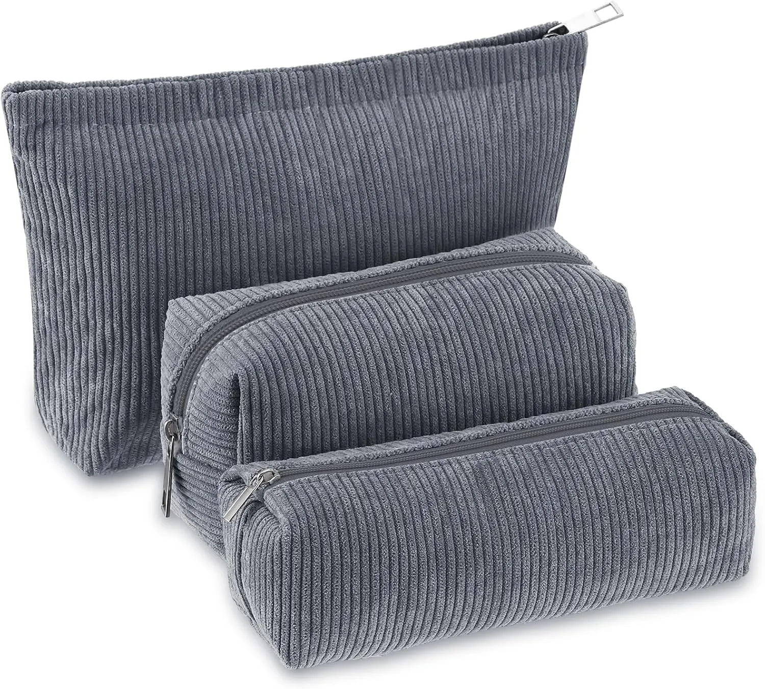 3 Pcs Makeup Bag Set for Women Corduroy Cosmetic Pouch Aesthetic Smile Travel Toiletry Bag Cute Purse Pouch Pencil Case Makeup Brushes Storage Organizer with Zipper(Gray,Solid Style)