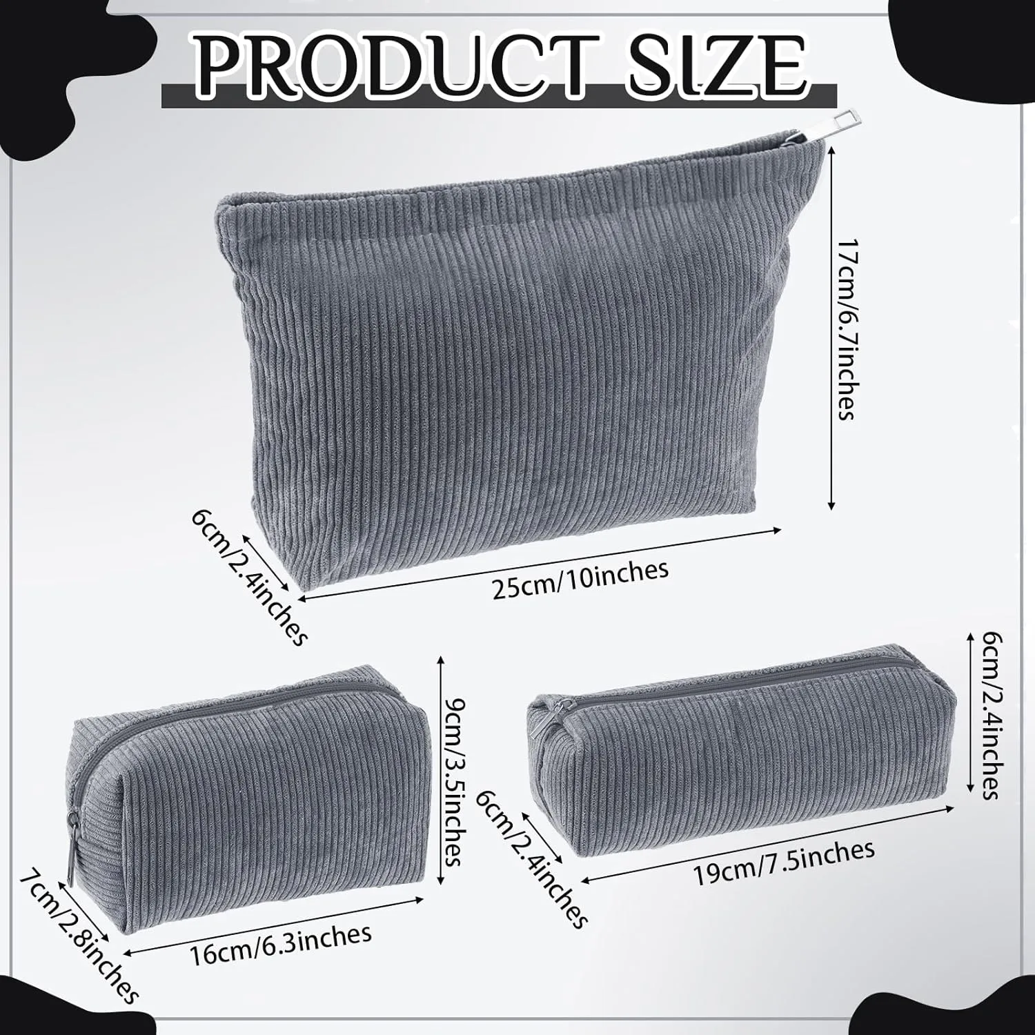 3 Pcs Makeup Bag Set for Women Corduroy Cosmetic Pouch Aesthetic Smile Travel Toiletry Bag Cute Purse Pouch Pencil Case Makeup Brushes Storage Organizer with Zipper(Gray,Solid Style)