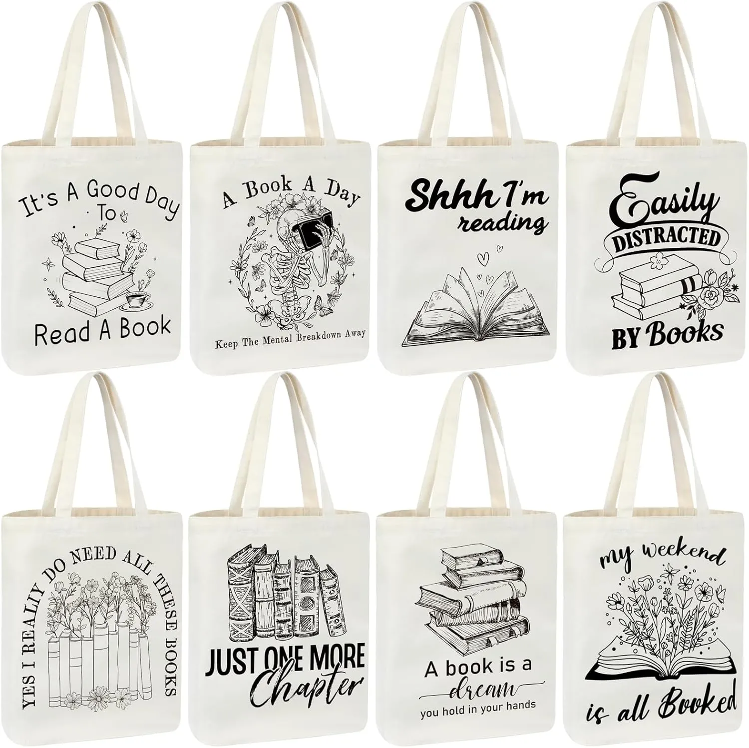 8 Pcs Book Tote Bag Bulk Library Book Lovers Club Gifts Reusable Canvas Tote Bag for Women Men Reading Lovers Teacher Readers Librarians Appreciation Gift