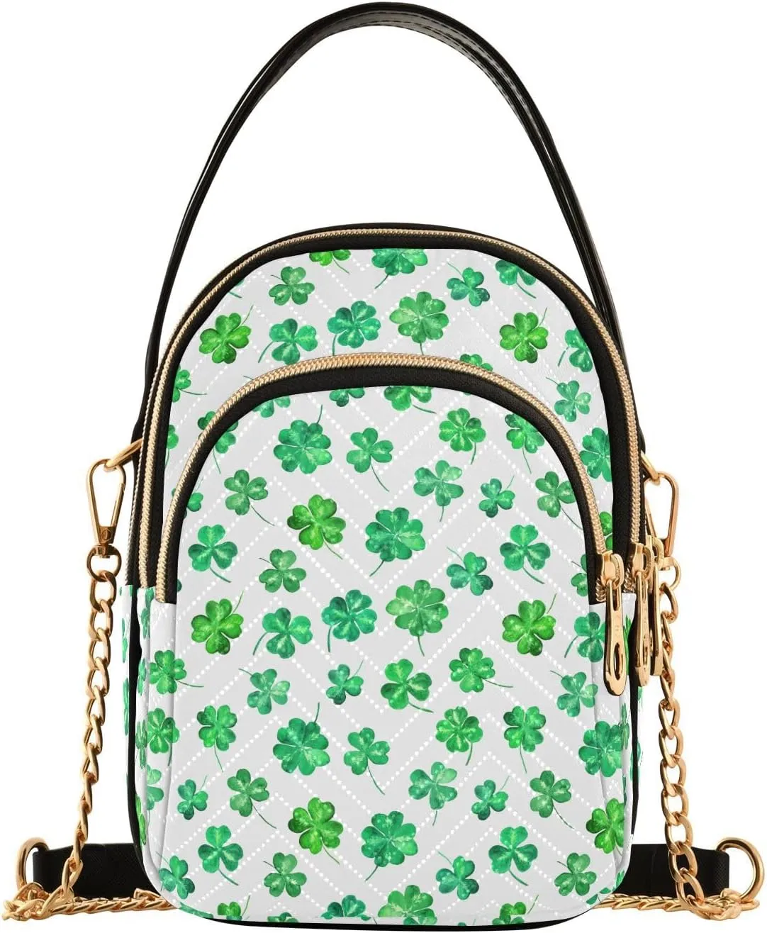 ALAZA Chain Crossbody Bags for Women Four Leaf Clover St. Patrick's Day Quilted Shoulder Crossbody Handbags Travel Cross Body Cell Phone Purses Bags