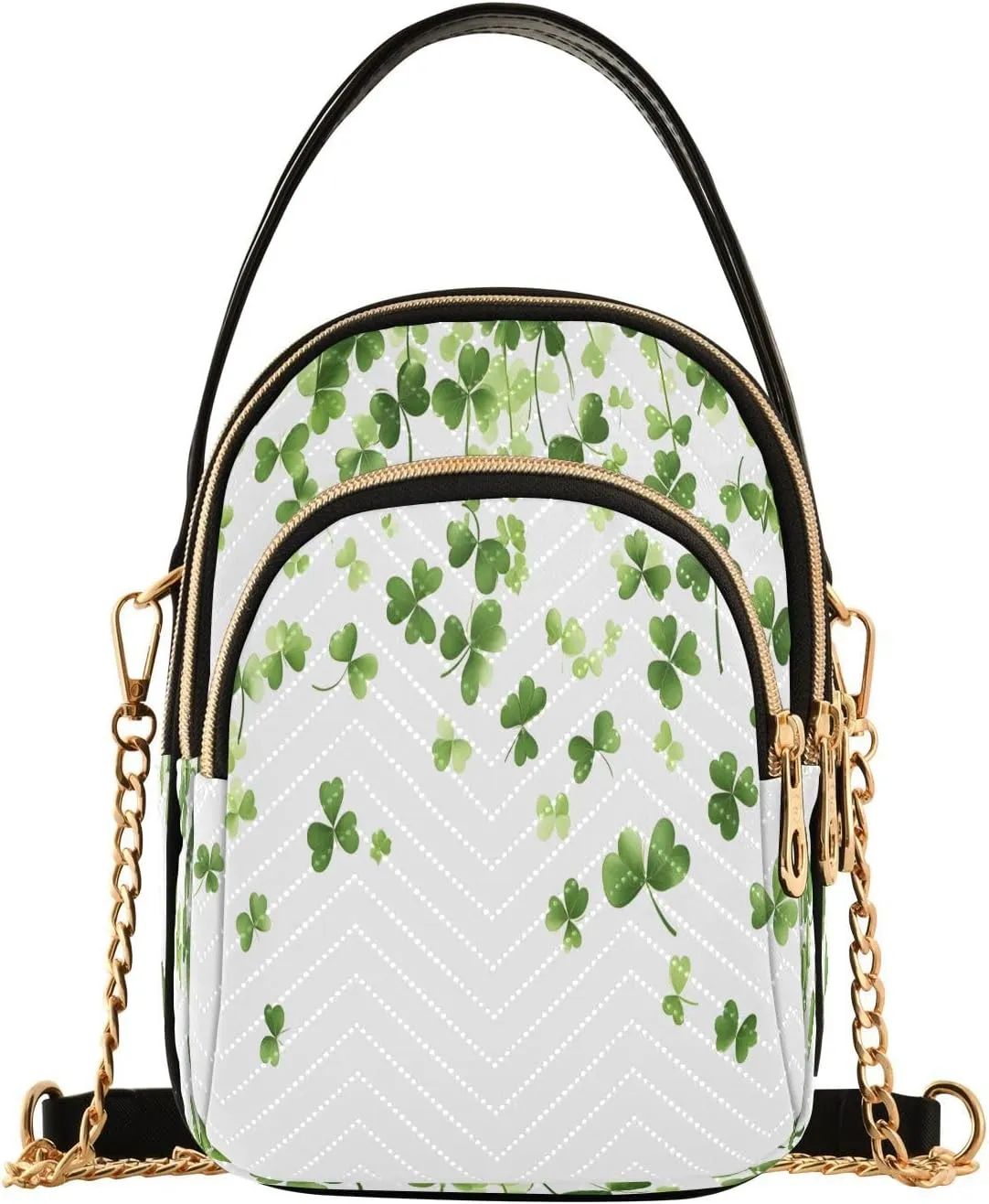 ALAZA Chain Crossbody Bags for Women Lucky Clover Leaf Shamrock Leaves Quilted Shoulder Crossbody Handbags Travel Cross Body Cell Phone Purses Bags