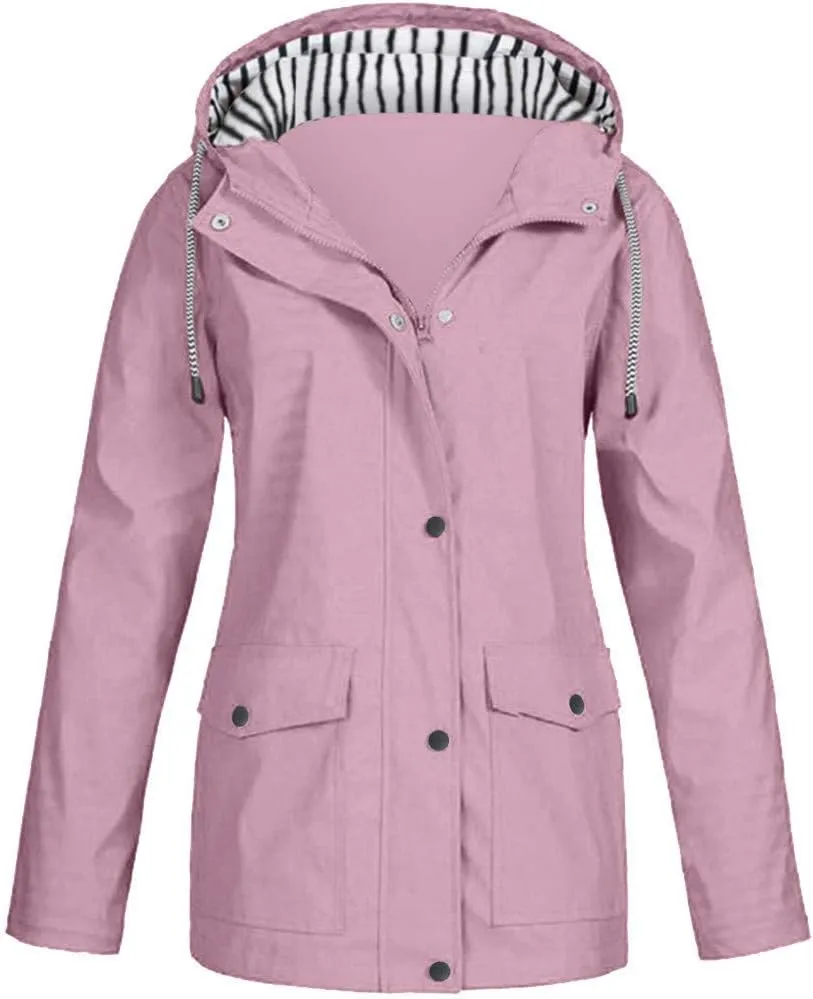 Aniywn Women Plus Size Rain Jacket Outdoor Waterproof Windproof Hooded Raincoat Casual Lightweight Jacket for Hiking Travel