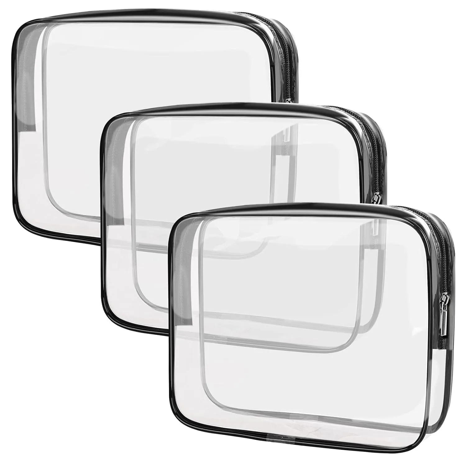 APREUTY Clear Makeup Bags, TSA Approved 3 Pcs Cosmetic Makeup Bags Set Clear PVC with Zipper Handle Portable Travel Luggage Pouch Airport Airline Vacation Organization (Black)