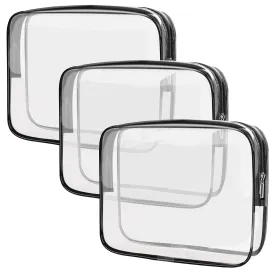 APREUTY Clear Makeup Bags, TSA Approved 3 Pcs Cosmetic Makeup Bags Set Clear PVC with Zipper Handle Portable Travel Luggage Pouch Airport Airline Vacation Organization (Black)