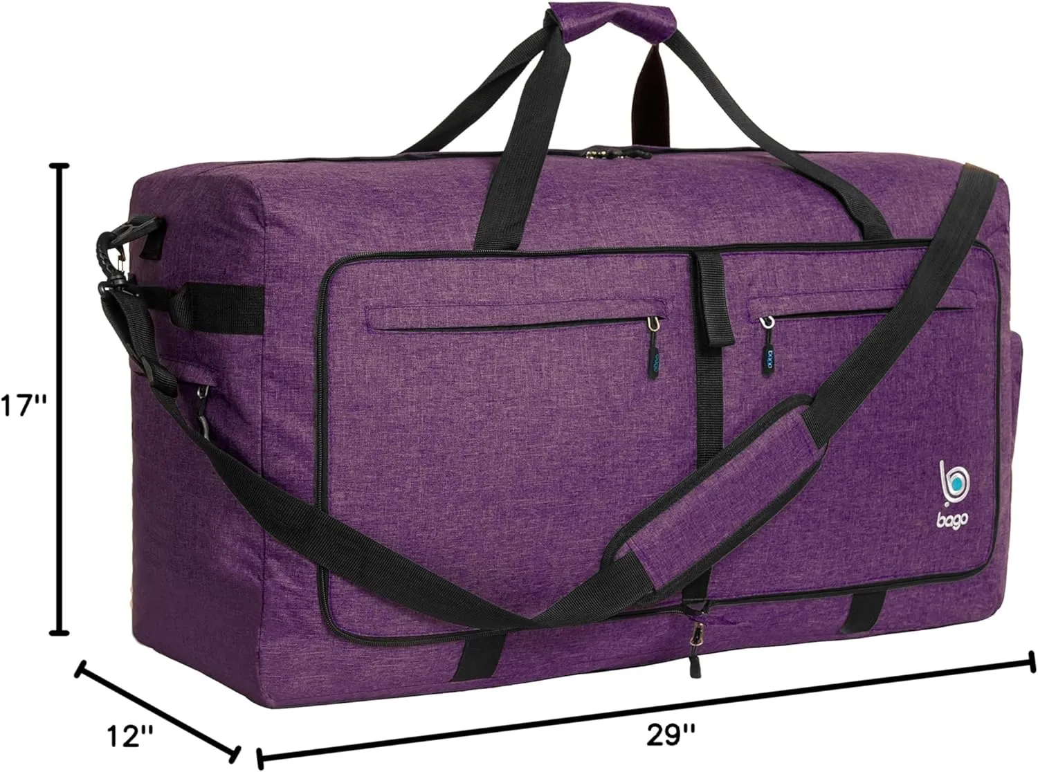 Bago Large Foldable Duffel Bags for Traveling Women & Men - 100L Packable Duffle Bag for Travel with Shoe Compartment - Water Repellant, Heavy Duty, Lightweight Folding & Collapsible (SnowDepPurple)