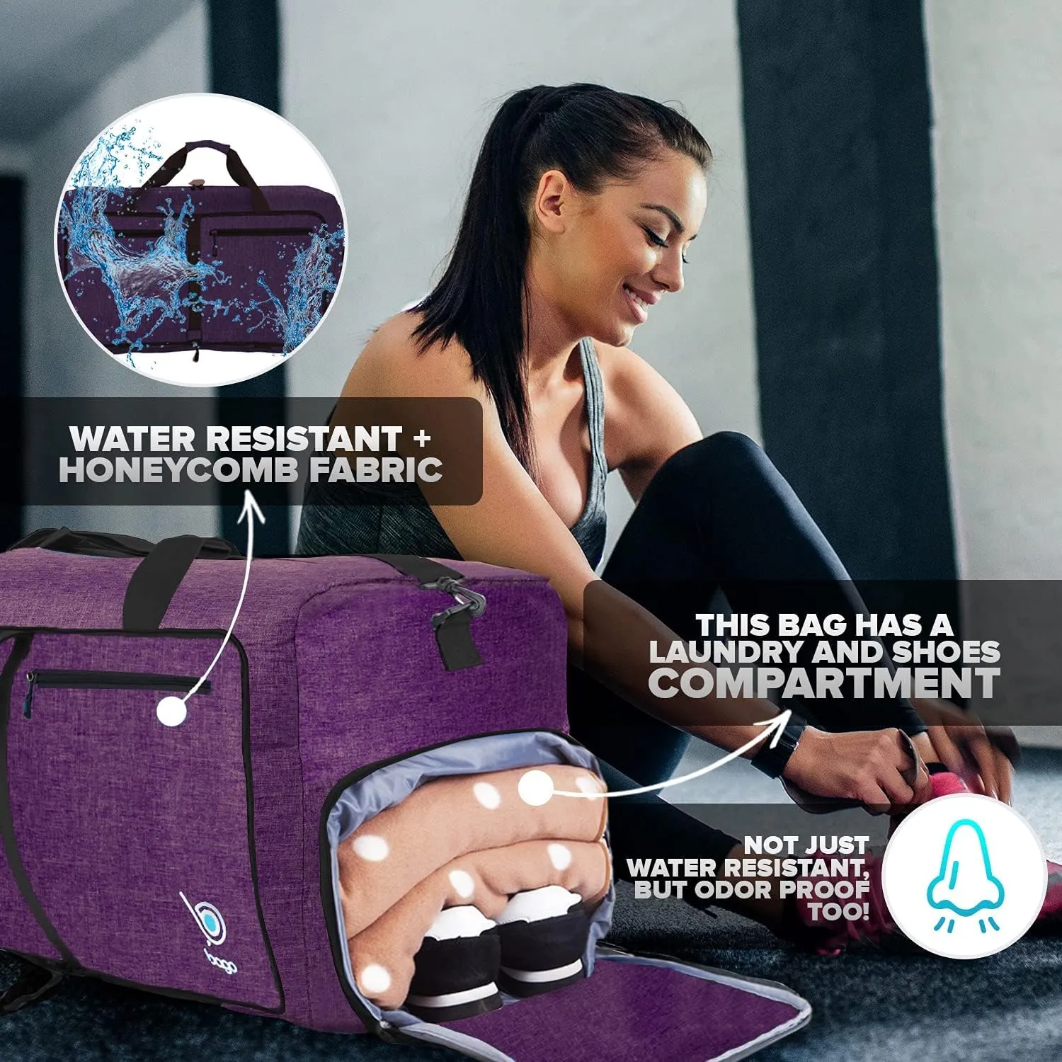 Bago Large Foldable Duffel Bags for Traveling Women & Men - 100L Packable Duffle Bag for Travel with Shoe Compartment - Water Repellant, Heavy Duty, Lightweight Folding & Collapsible (SnowDepPurple)