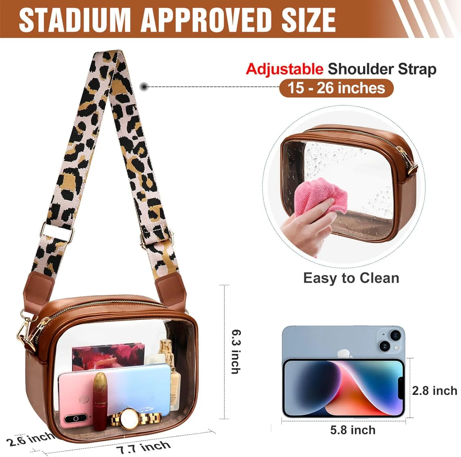 COROMAY Clear Bag Stadium Approved, Crossbody Purse with Adjustable Strap, Leather Bag for Stadium Events