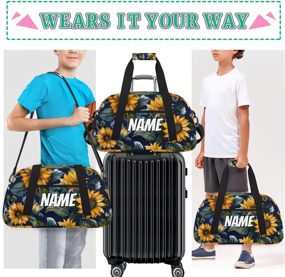 Custom Rustic Sunflower Duffel Bag for Women Men, Personalized Summer Flower Sport Gym Duffel Bag with Name Travel Weekender Overnight Bags