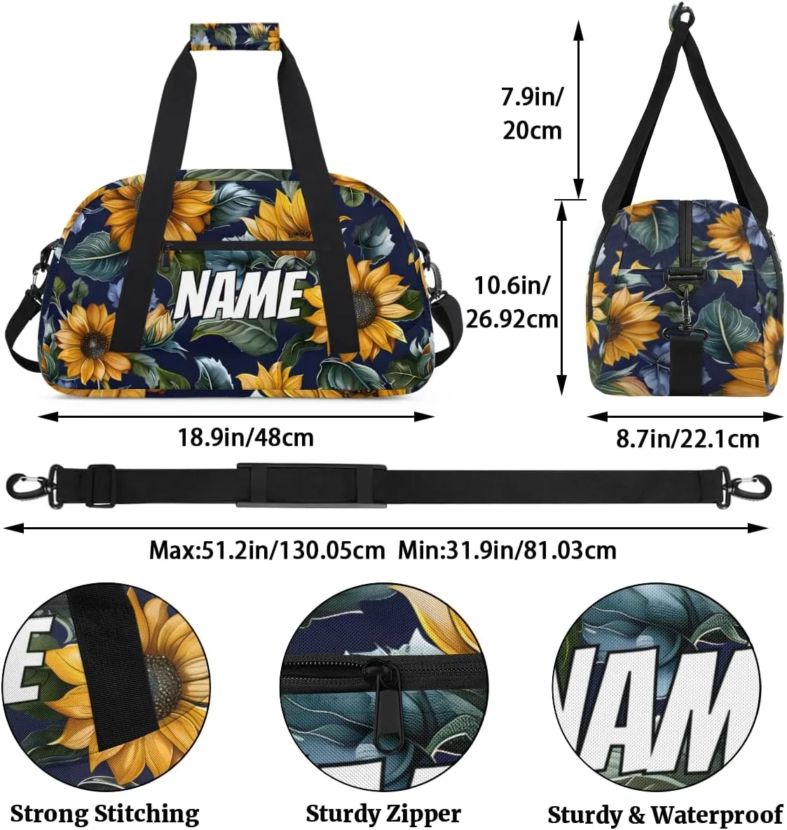 Custom Rustic Sunflower Duffel Bag for Women Men, Personalized Summer Flower Sport Gym Duffel Bag with Name Travel Weekender Overnight Bags