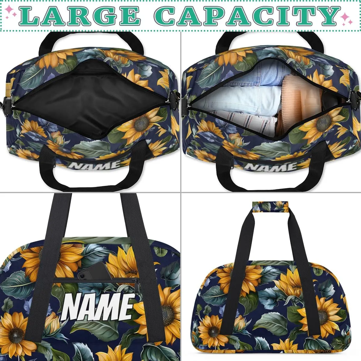 Custom Rustic Sunflower Duffel Bag for Women Men, Personalized Summer Flower Sport Gym Duffel Bag with Name Travel Weekender Overnight Bags