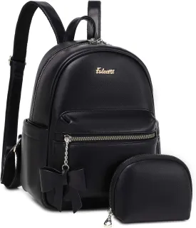 Eslcorri Mini Backpack Purse for Women - Girls Bowknot Fashion Backpack Small Leather Cute Travel Daypacks with Wallet 2-PCS Casual Ladies Convertible Shoulder Handbag - Black