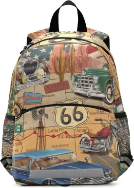 Fisyme Vintage Route 66 Backpack Schoolbag Kids Daypack Toddler Travel School Bag Small Backpacks for Kindergarten Preschool Boys Girl