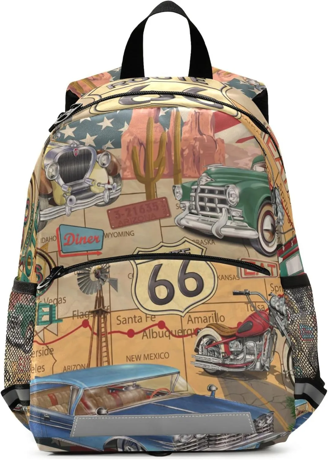 Fisyme Vintage Route 66 Backpack Schoolbag Kids Daypack Toddler Travel School Bag Small Backpacks for Kindergarten Preschool Boys Girl