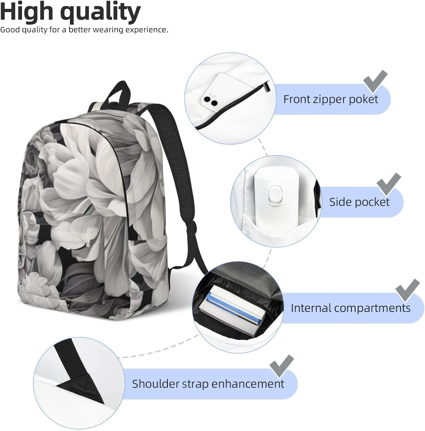 Floral Graphite print Stylish Lightweight Multi-Functional Backpack for Travel Daily Use,Travel Backpack