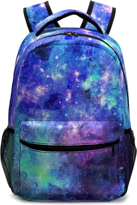 Galaxy Kids Backpack for Girls Boys Blue Purple Starry Sky Bookbag Universe Space Elementary Primary School Bag Lightweight Children Back Pack for Preschool Kindergarten