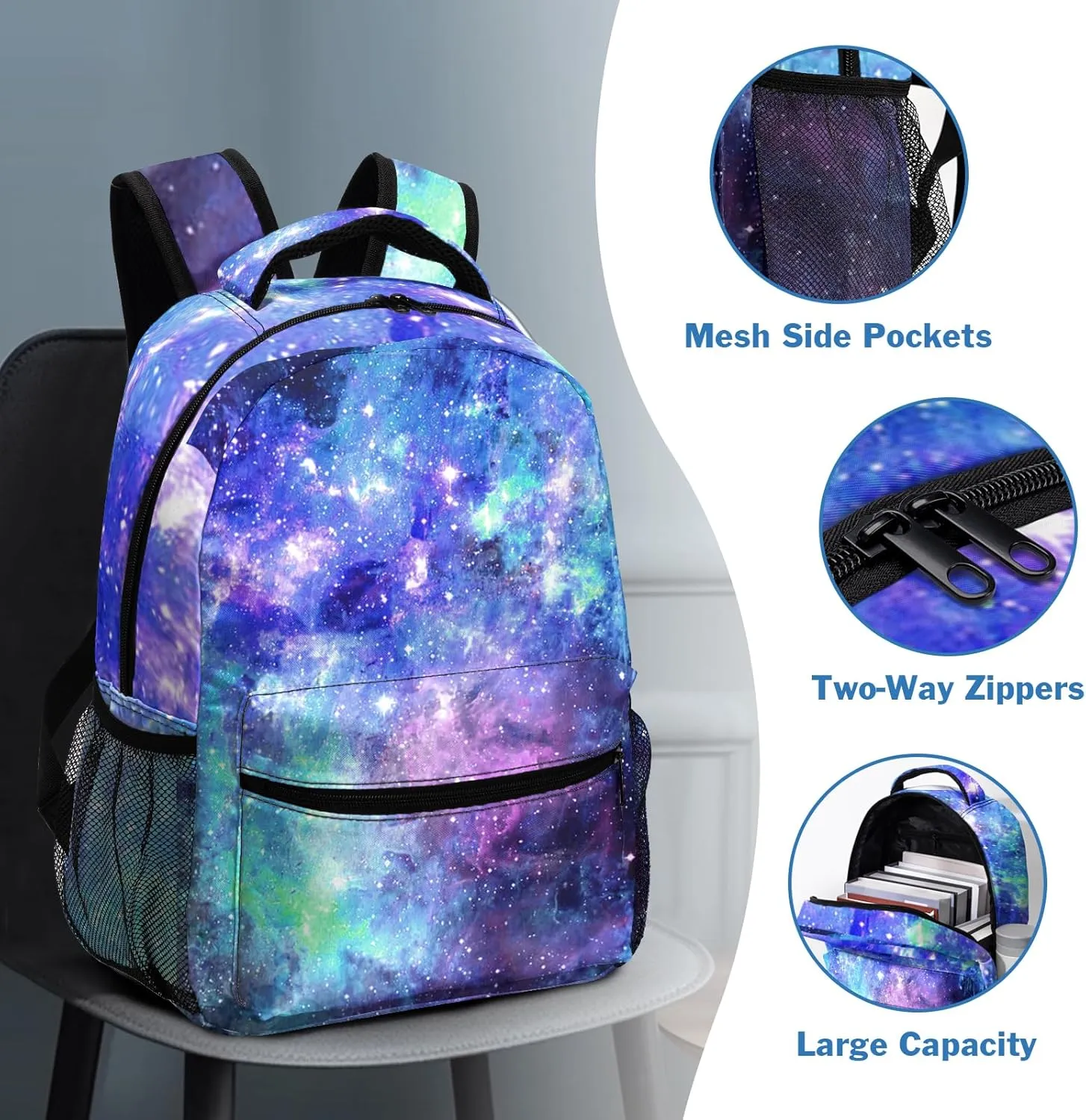 Galaxy Kids Backpack for Girls Boys Blue Purple Starry Sky Bookbag Universe Space Elementary Primary School Bag Lightweight Children Back Pack for Preschool Kindergarten