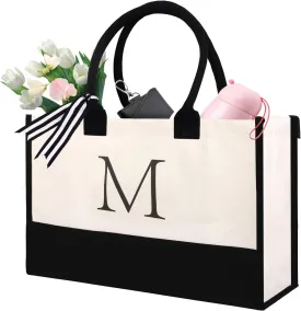 Initial Canvas Tote Bag for Women Personalized Beach Bags for Holiday Birthday Gifts for Mom, Mother's Day Gift