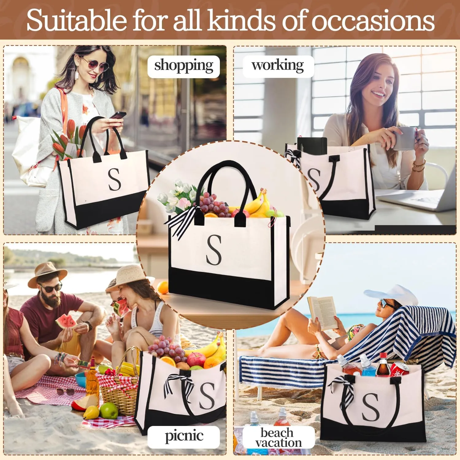 Initial Canvas Tote Bag for Women Personalized Beach Bags for Holiday Birthday Gifts for Mom, Mother's Day Gift