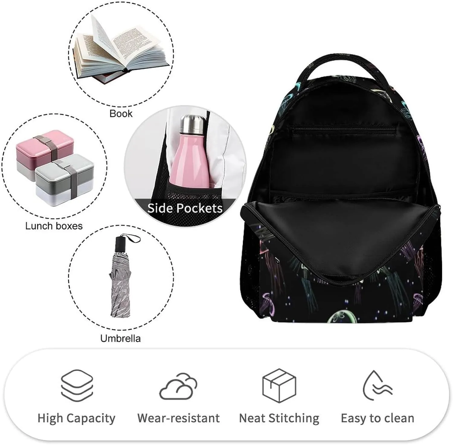 Jellyfish Backpack for Kids Girls Boys School, 16 Inches Cute Jellyfishes Theme Bookbag, Adjustable, Lightweight, Large Capacity, Colorful Daily Casual Backpacks
