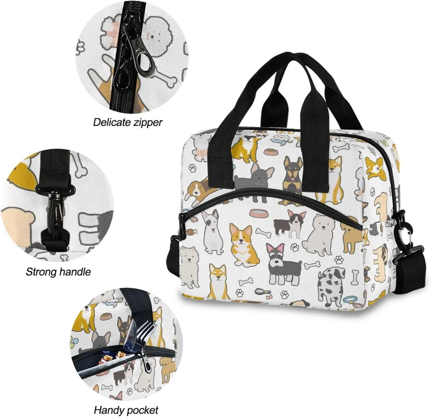 Lunch Bag for Women Men Lunchbox Organizer, Dog Leakproof Lunch Cooler Tote with Shoulder Strap for Kids Adult Insulated Thermal Bag for Work School Picnic Beach