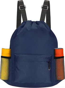 NATURAL STYLE Waterproof Drawstring Bag, Lightweight String Backpack with Water Bottle Holder and Pockets, Gym Sports Cinch Sackpack (Blue)