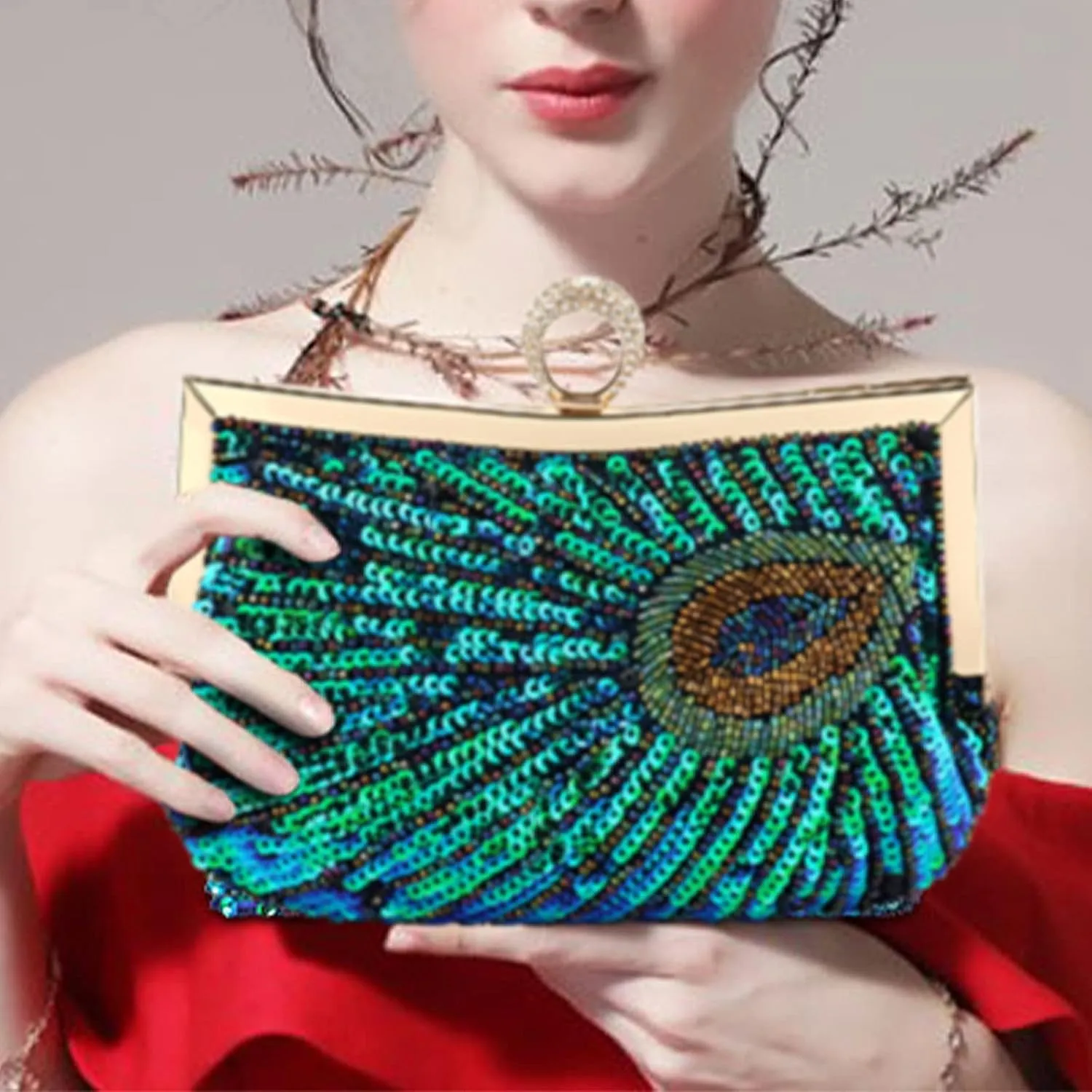 Peacock Evening Bags Clutch Purse for Women Bead Sequins Vintage Purses Crossbody Handbags with Detachable Chains