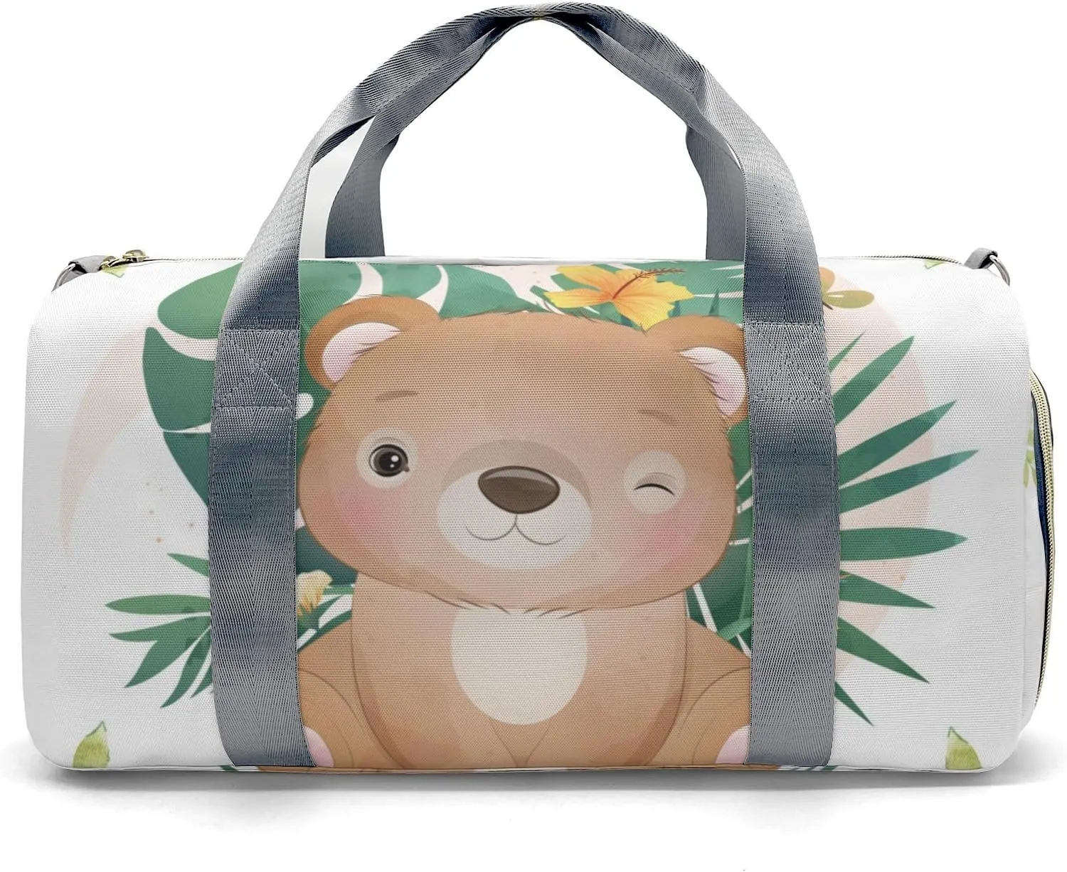 Personalized Woodland Leaves Cute Bear Customized Multi-functional Handbag Travel Bag, Unisex Portable Duffel Bag