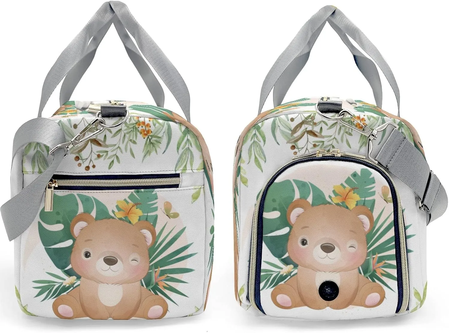 Personalized Woodland Leaves Cute Bear Customized Multi-functional Handbag Travel Bag, Unisex Portable Duffel Bag
