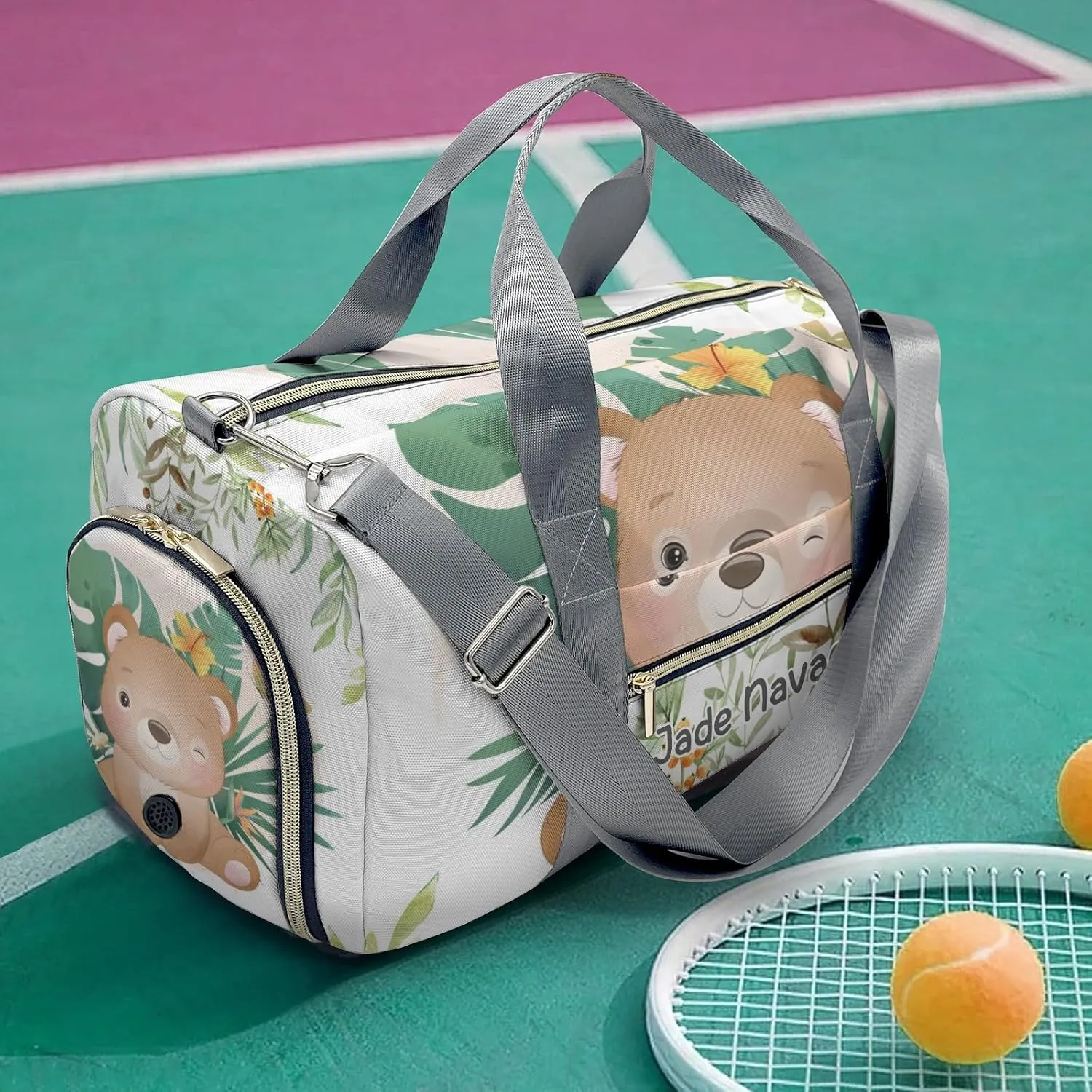 Personalized Woodland Leaves Cute Bear Customized Multi-functional Handbag Travel Bag, Unisex Portable Duffel Bag