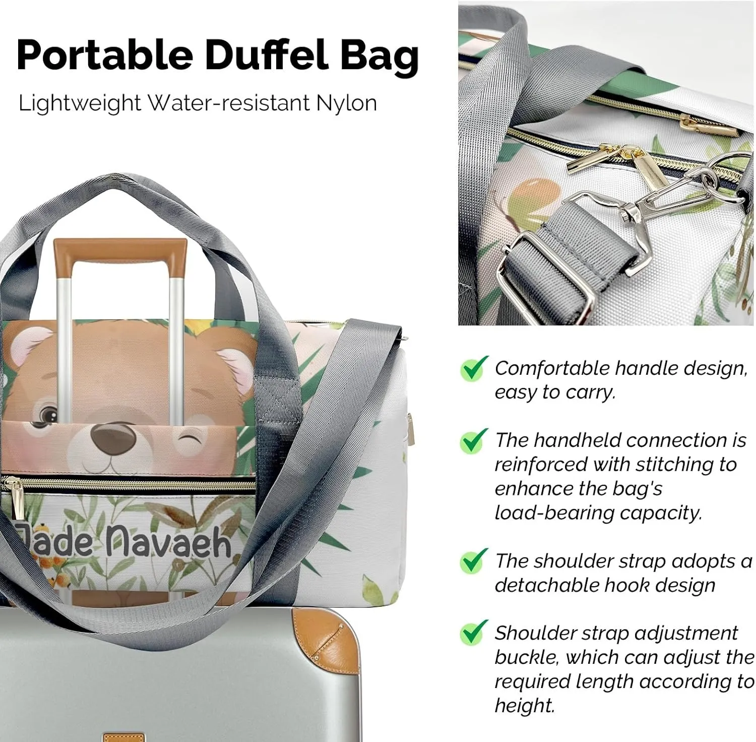 Personalized Woodland Leaves Cute Bear Customized Multi-functional Handbag Travel Bag, Unisex Portable Duffel Bag