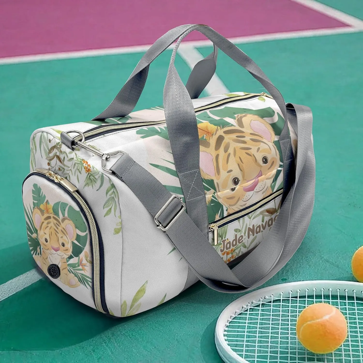 Personalized Woodland Leaves Cute Tiger Customized Multi-functional Handbag Travel Bag, Unisex Portable Duffel Bag