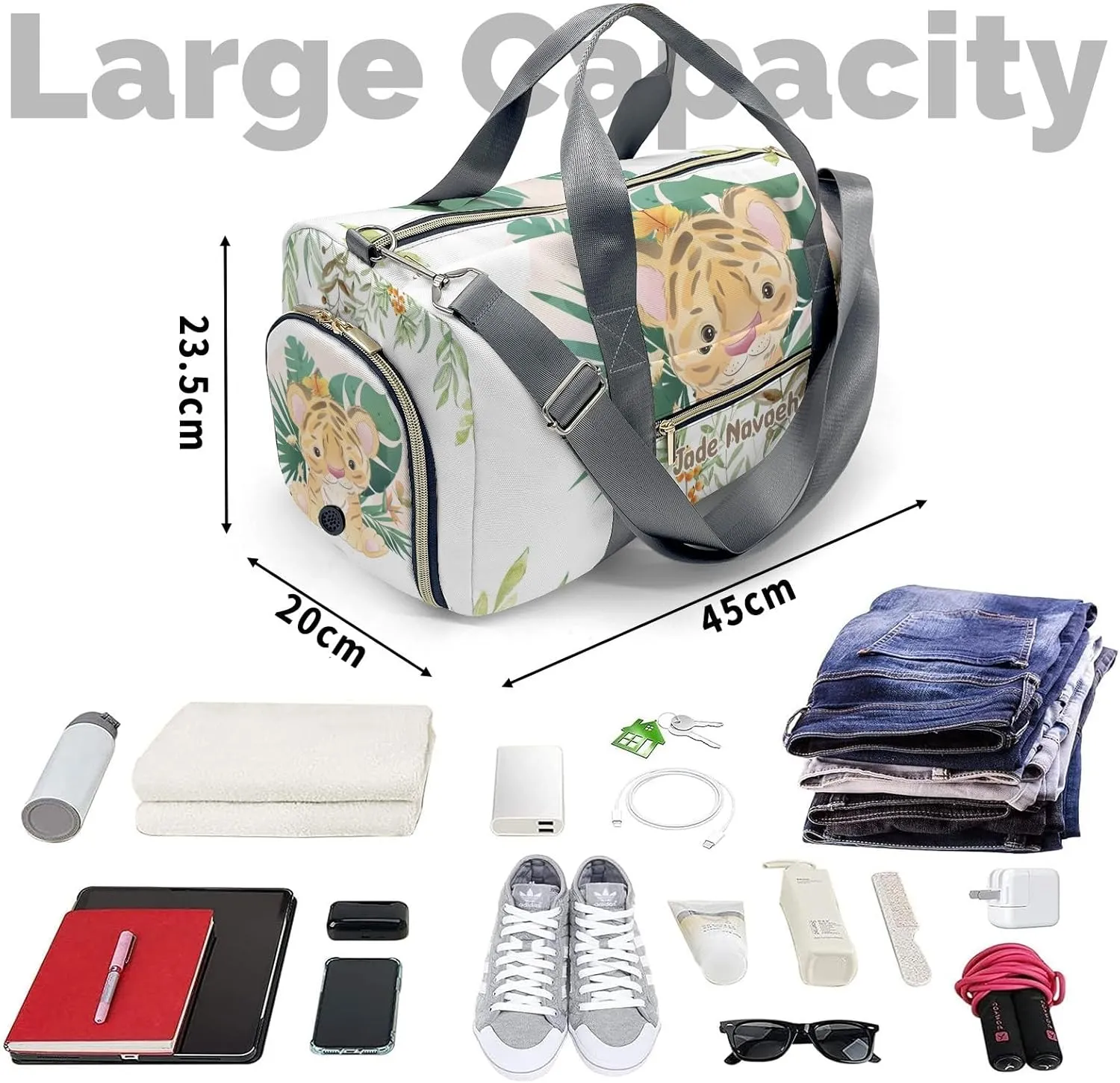 Personalized Woodland Leaves Cute Tiger Customized Multi-functional Handbag Travel Bag, Unisex Portable Duffel Bag