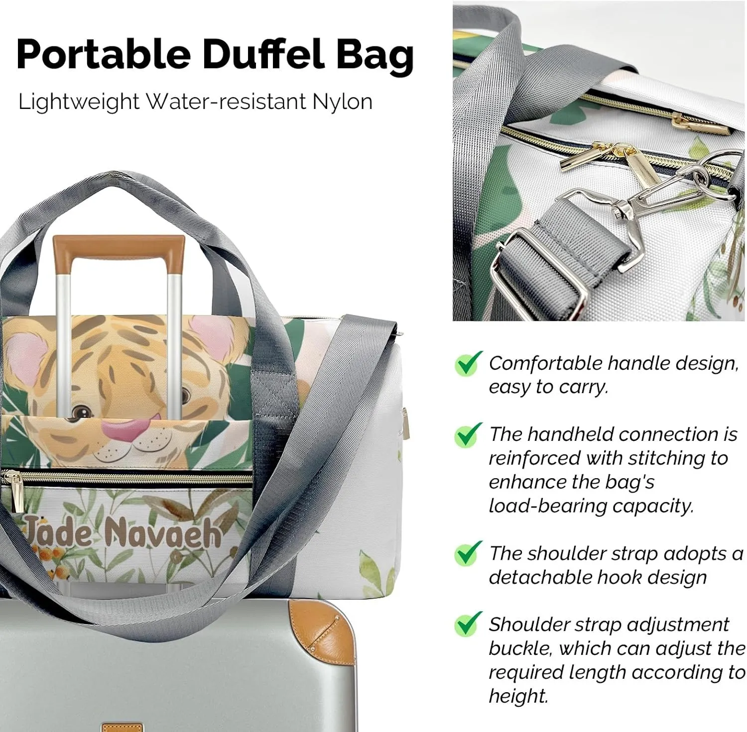 Personalized Woodland Leaves Cute Tiger Customized Multi-functional Handbag Travel Bag, Unisex Portable Duffel Bag