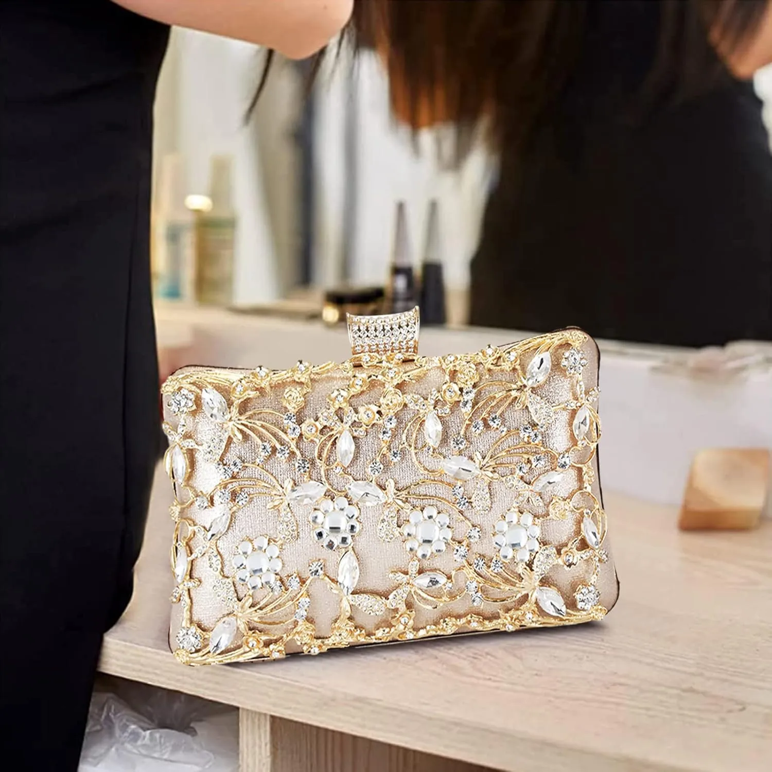 Rhinestone Evening Bag for Women Crystal Clutch Bag Sparkly Sequin Glitter Handbag Floral Shoulder Bag