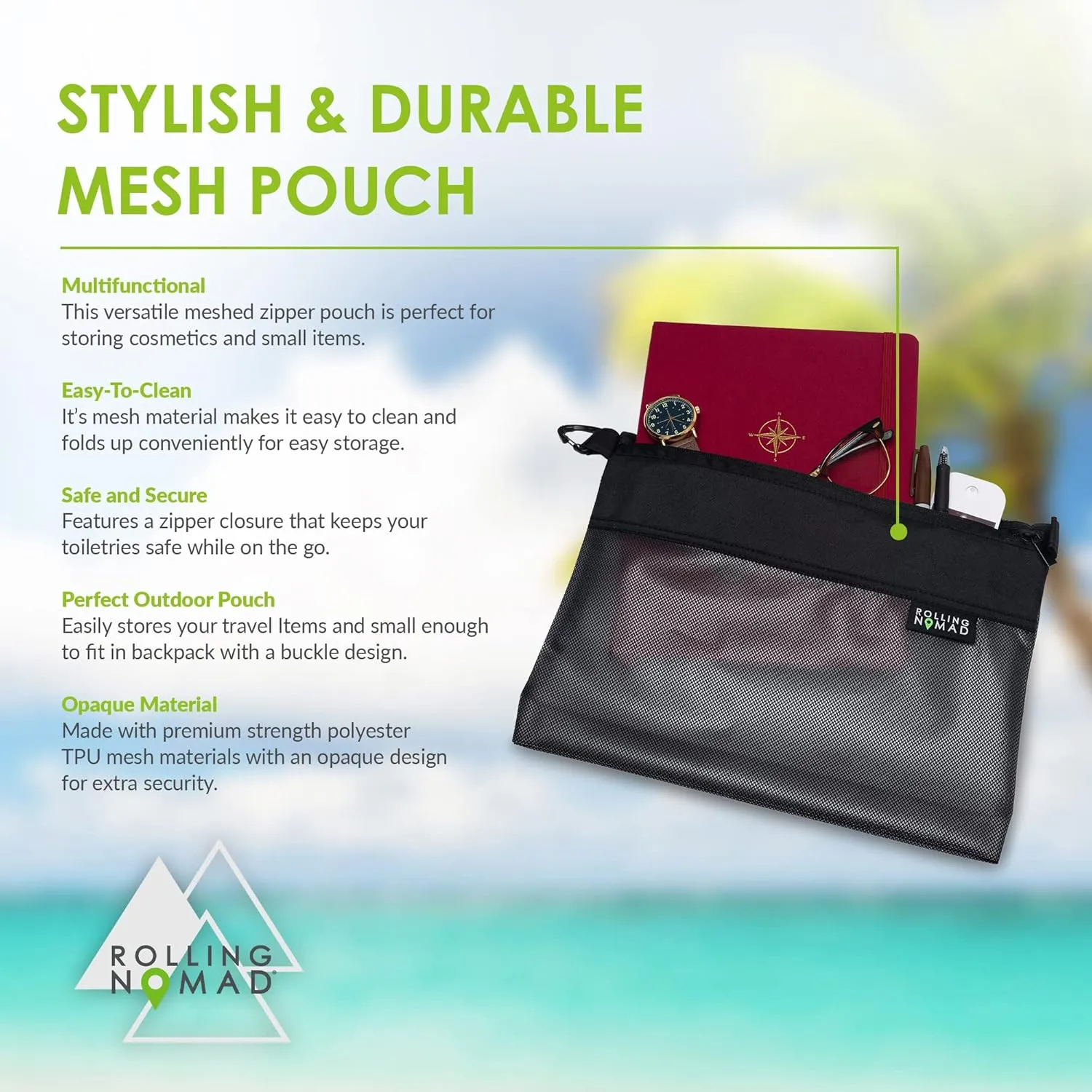 Rolling Nomad Zipper Pouch, Water-Resistant Mesh Bags, Travel Essentials, Toiletry, Storage, Cosmetics, Home, Office, Money Purse, Accesory Organizer