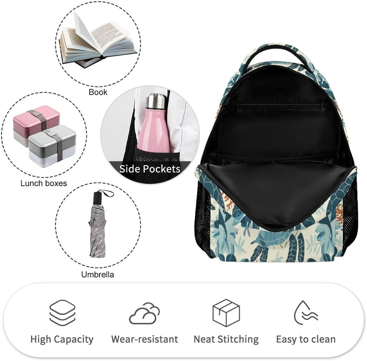Sea Turtle Backpack for Kids Girls Boys School, 16 Inches Cute Sea Turtles Theme Bookbag, Adjustable, Lightweight, Large Capacity, Cute Daily Casual Backpacks