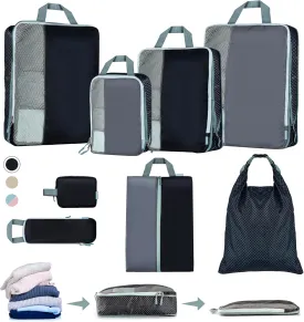 Set of 8 compression packing cubes for travel accessories- Expandable bags for clothing, toiletry, backpacks, organizing essentials (Black & Grey)