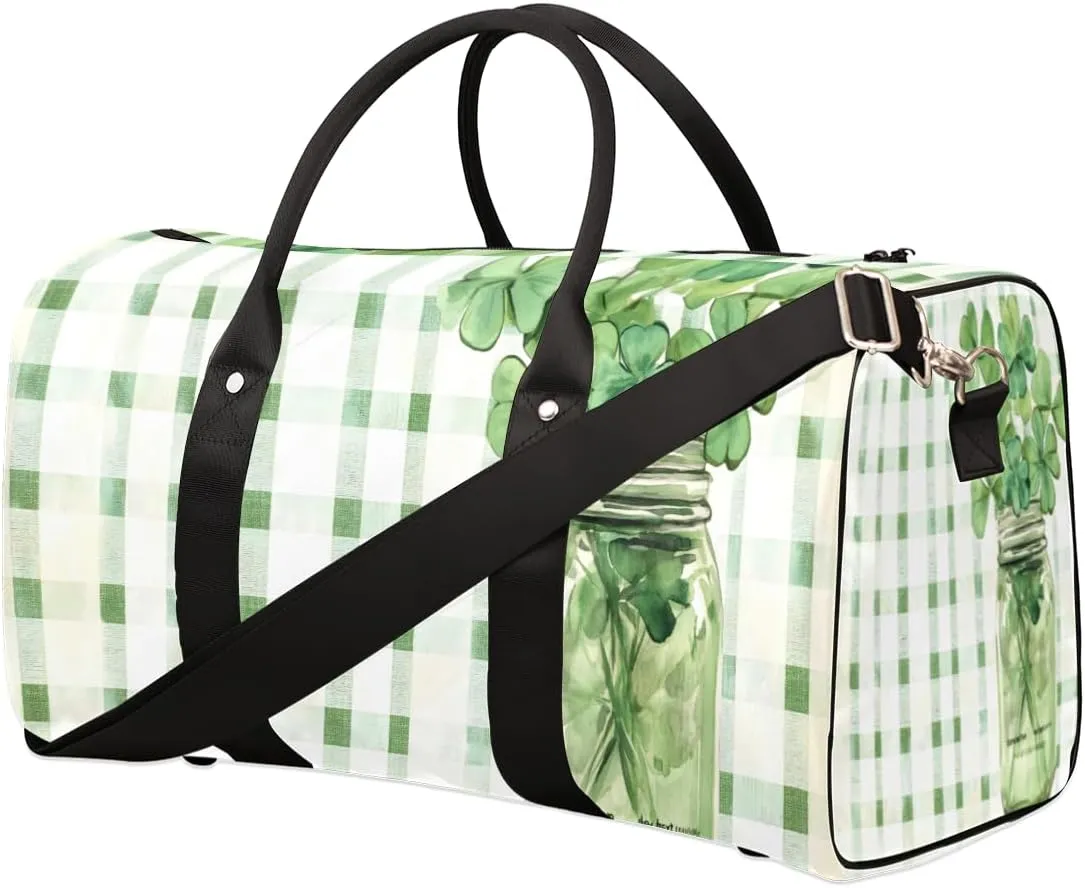 Shamrock Leaf Travel Duffle Bag for Women Men Gym Duffel Foldable Bag Waterproof Weekender Green plaid Duffle Tote