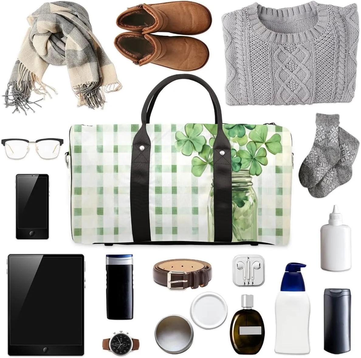 Shamrock Leaf Travel Duffle Bag for Women Men Gym Duffel Foldable Bag Waterproof Weekender Green plaid Duffle Tote