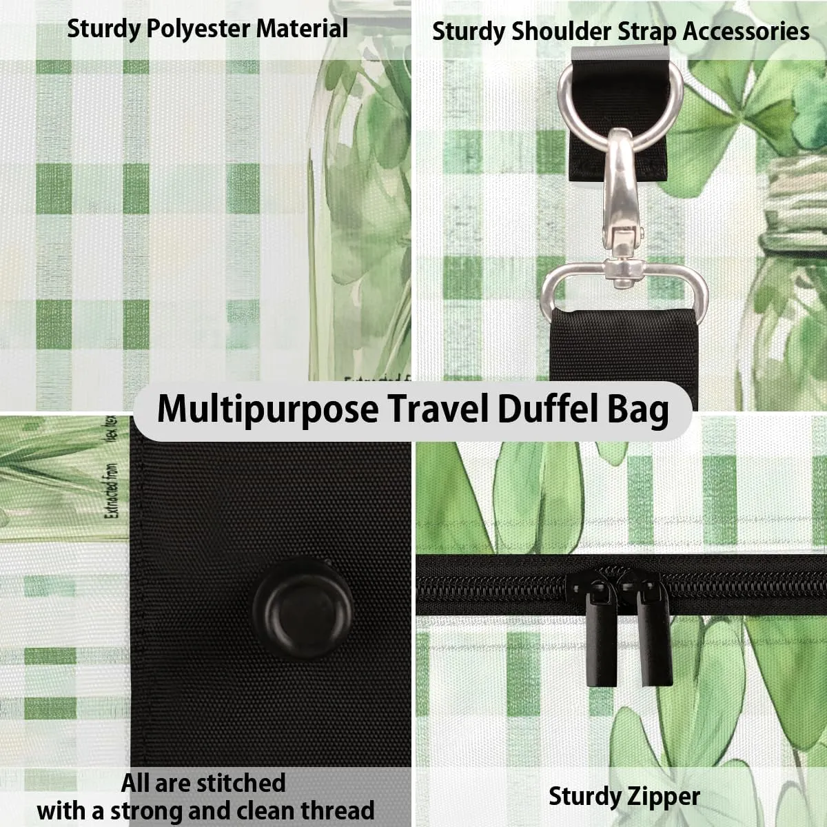 Shamrock Leaf Travel Duffle Bag for Women Men Gym Duffel Foldable Bag Waterproof Weekender Green plaid Duffle Tote