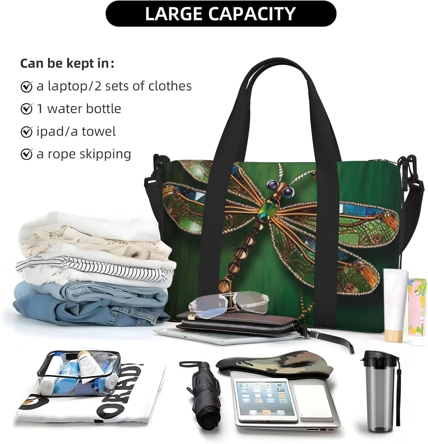 Sports Gym Bag for Women Men Travel Duffel Bag Tote Jewel dragonfly Weekender Bag Canvas Carry on Overnight Bag for Travel Swimming Fitness Workout Sports Duffle Bag