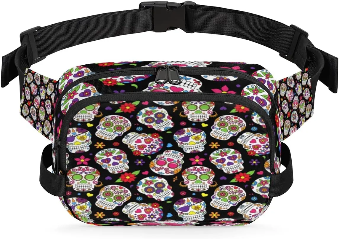 Sugar Skull Pattern Fanny Pack Durable with Adjustable Belt Main Zippered Pocket Lightweight Waterproof Belt Bag for Travel Sports Workout Hiking Phone Bag