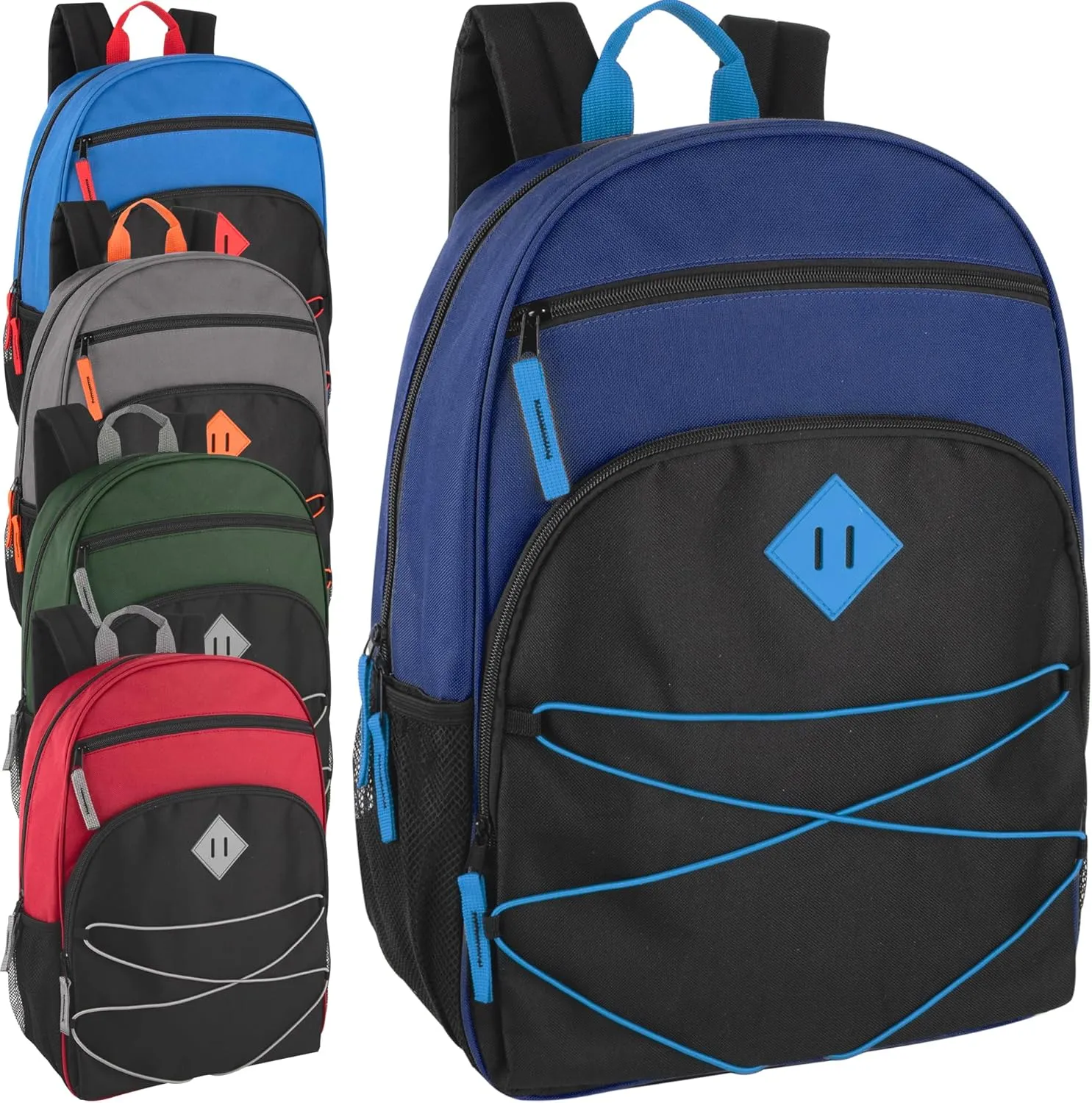 Summit Ridge 24 Pack of Bulk Backpacks with Bungee Cord, Padded Adjustable Straps | 17 Inch Two Tone Backpacks in Bulk (Male Colors Pack)