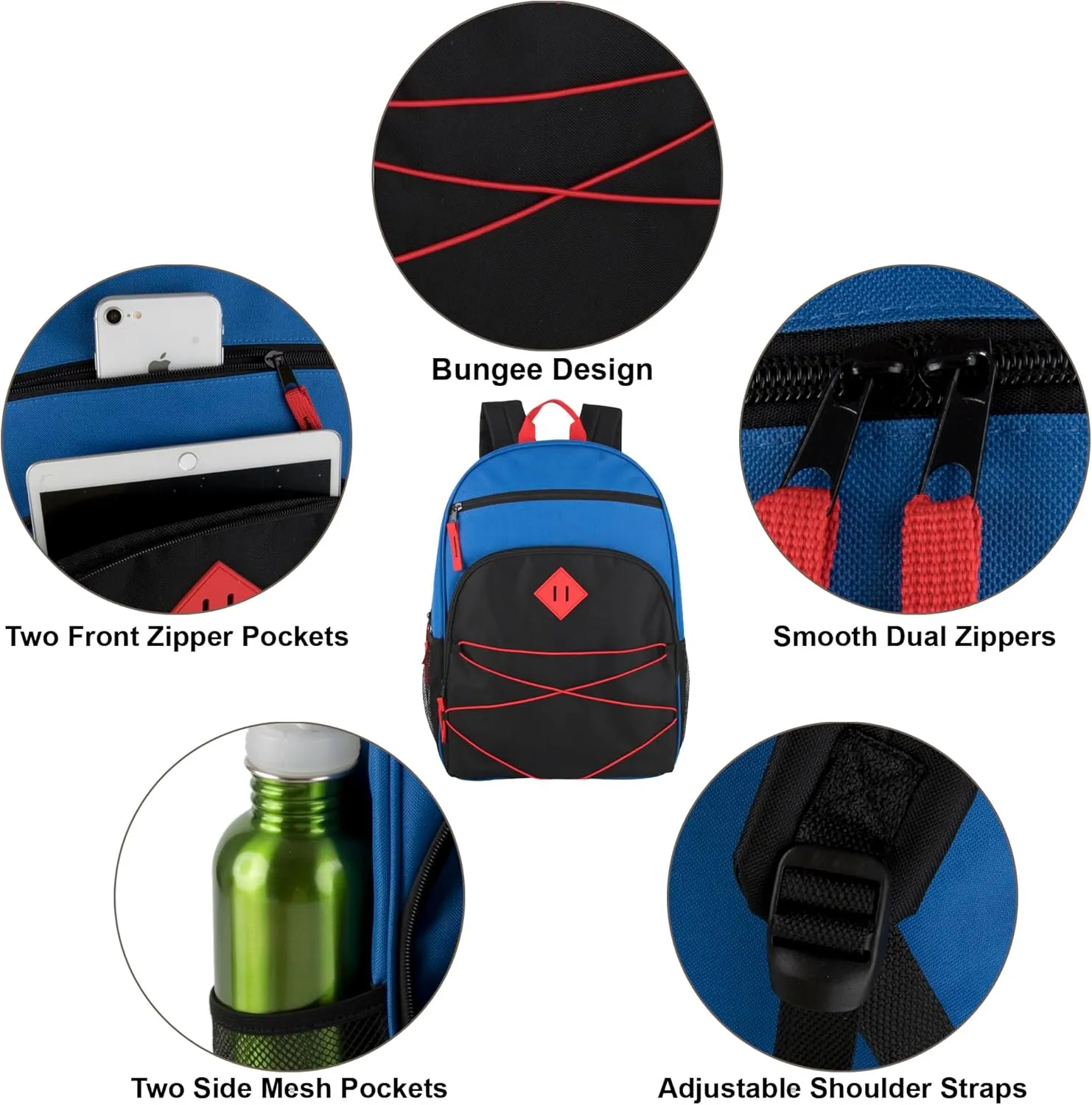 Summit Ridge 24 Pack of Bulk Backpacks with Bungee Cord, Padded Adjustable Straps | 17 Inch Two Tone Backpacks in Bulk (Male Colors Pack)