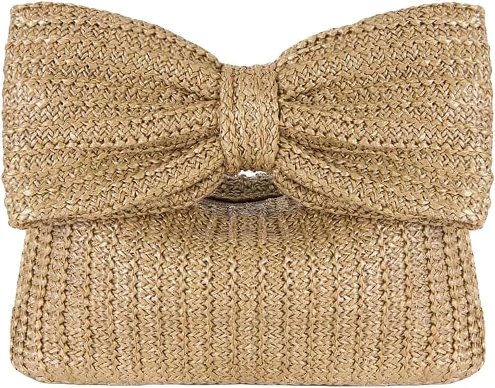 Verdusa Women's Bow Wrist Handbags Woven Purse Top Handle Straw Clutches