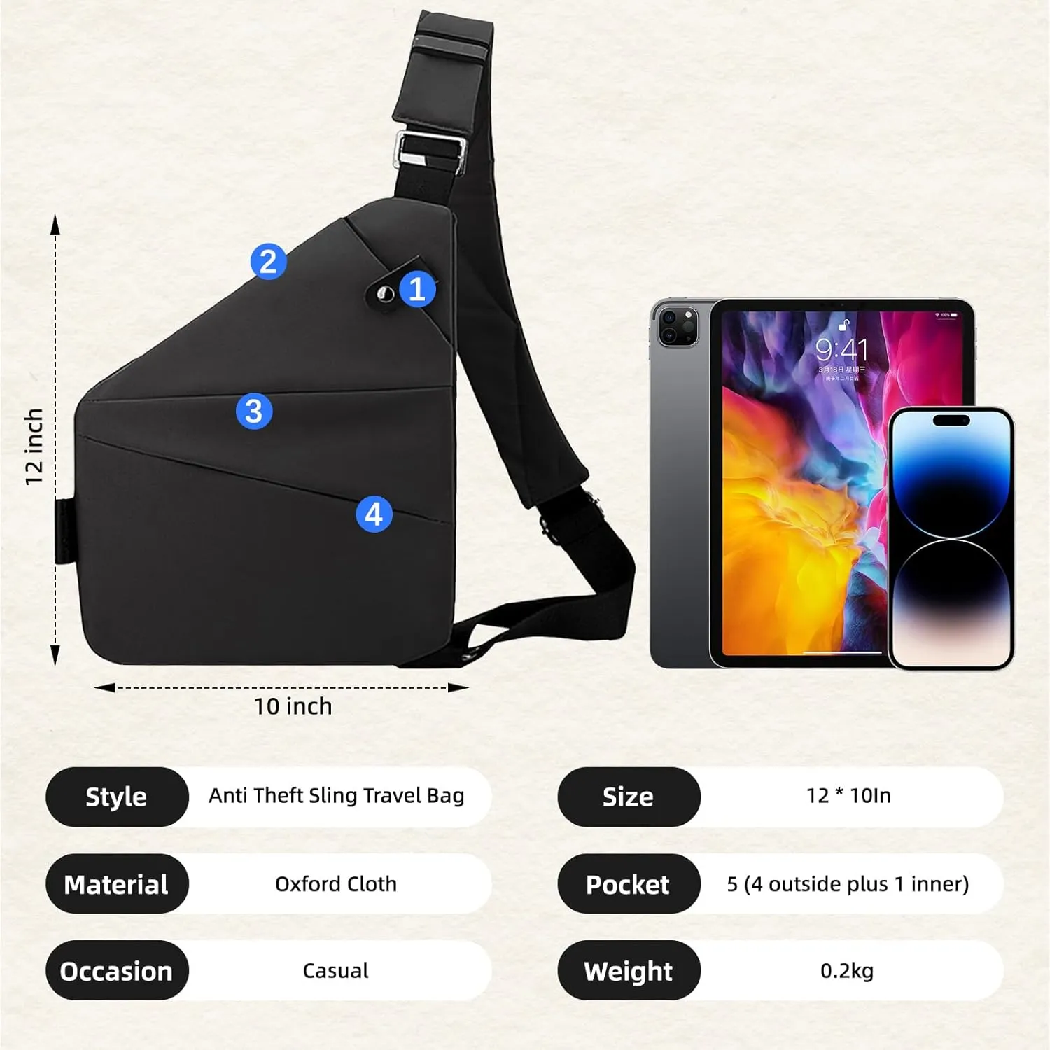 Vipost Anti Theft Crossbody Bags for Women/Men, Multi-Pocket Sling Bag Travel Crossbody Bag for Women with Adjustable Strap