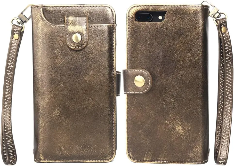 Wallet Phone Case Detachable Flip Cover Phone Case Small Messenger Pouch Bags with Detachable Adjustable Shoulder Strap Hand Bag for Women Girl, Unisex Phone Cover (Retro Gold, iPhone X)